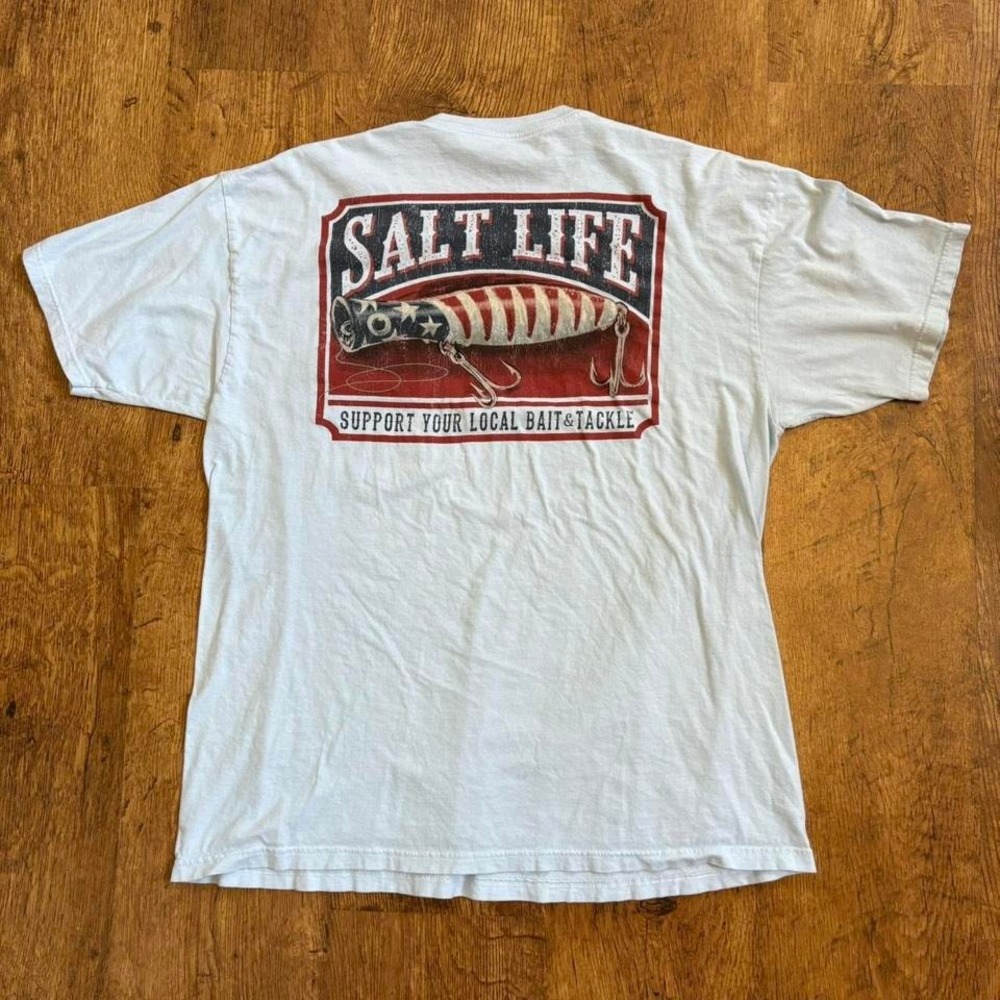 light blue Salt Life t-shirt with American flag tackle design